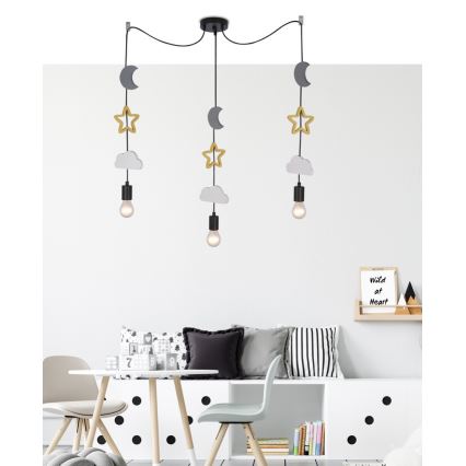 Detský luster na lanku TRIO 3xE27/20W/230V sivá/žltá/biela