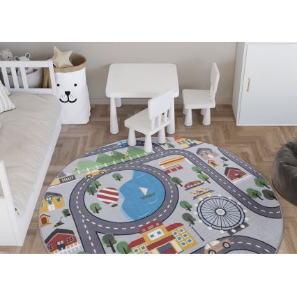 Detský protišmykový koberec ARES STREETS 160 cm sivý/mesto