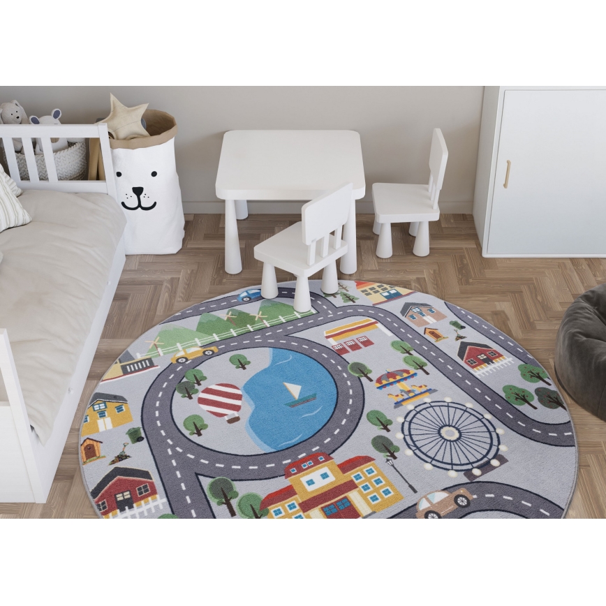 Detský protišmykový koberec ARES STREETS 160 cm sivý/mesto