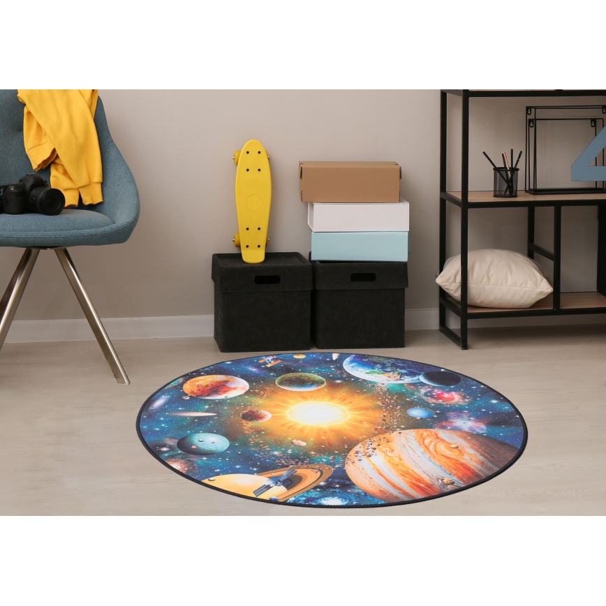 Detský protišmykový koberec PRINT 3D 80 cm planéty/pestrofarebný