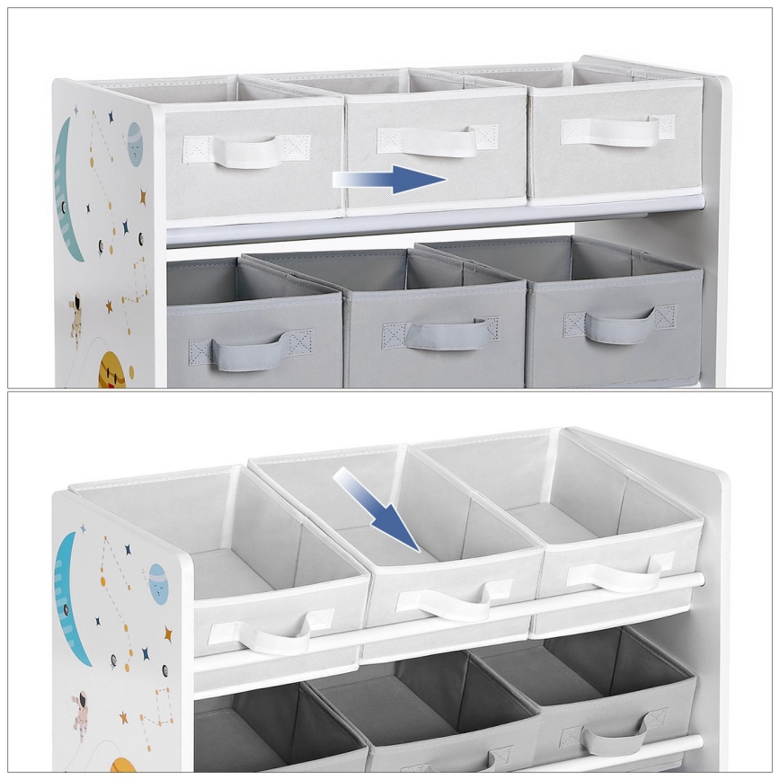 Detský úložný regál s textilnými boxmi ANET modrá/biela