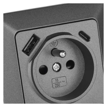 Domová zásuvka FRENCH s portami USB-A a USB-C, 250V/16A, antracit
