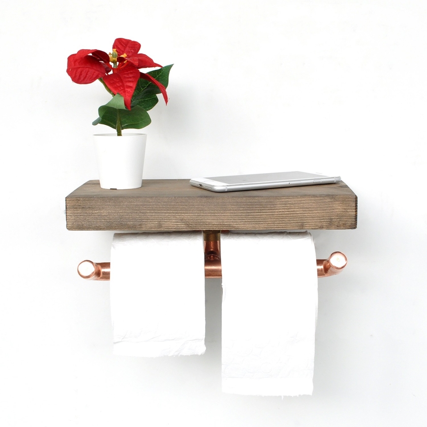 Držiak toaletného papiera s policou BORU 12x30 cm smrek/medená