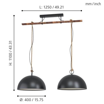 Eglo 78444 - Luster na lanku HODSOLL 2xE27/40W/230V čierna/hnedá