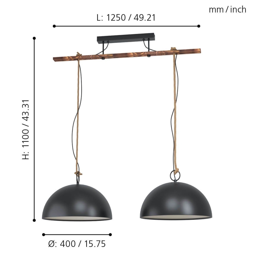 Eglo 78444 - Luster na lanku HODSOLL 2xE27/40W/230V čierna/hnedá