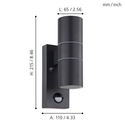 Eglo 79545- LED Vonkajšie nástenné svietidlo so senzorom ARAPONGAS 2xGU10/2,8W/230V IP44 čierna