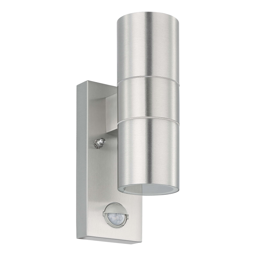 Eglo 79594- LED Vonkajšie nástenné svietidlo so senzorom ARAPONGAS 2xGU10/2,8W/230V IP44 matný chróm