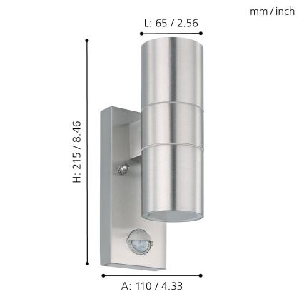 Eglo 79594- LED Vonkajšie nástenné svietidlo so senzorom ARAPONGAS 2xGU10/2,8W/230V IP44 matný chróm