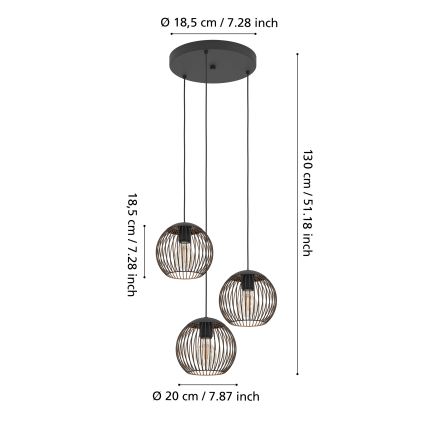Eglo - Závesné svietidlo na lanku 3xE27/60W/230V čierne