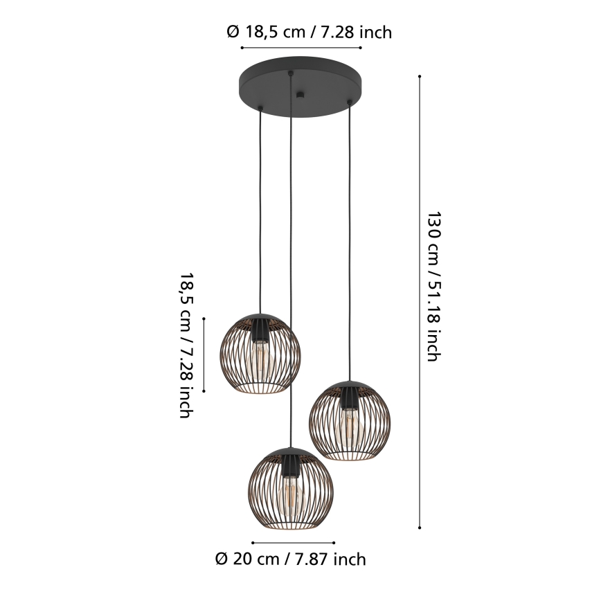 Eglo - Závesné svietidlo na lanku 3xE27/60W/230V čierne