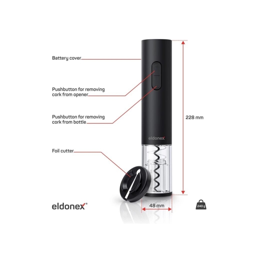 ELDONEX EWO-2100-BK - Elektrický otvárač na víno 4xAA čierna