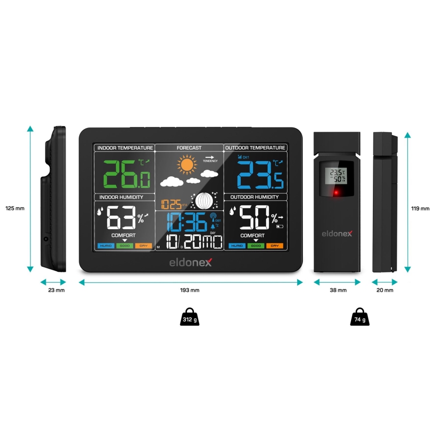ELDONEX EWS-1010-BK - Meteostanica s LCD displejom 2xAAA čierna