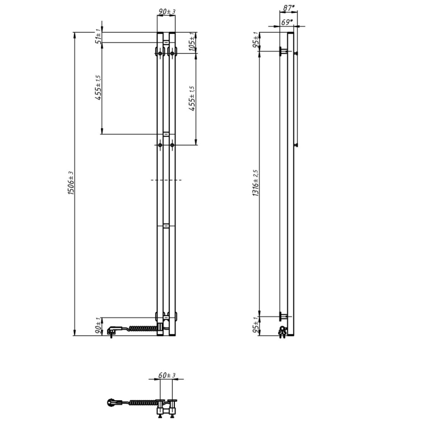 Elektrický sušiak na uteráky s termostatom SILOUETTE 200 W/230 V 150,6 cm IP44 čierny pravý
