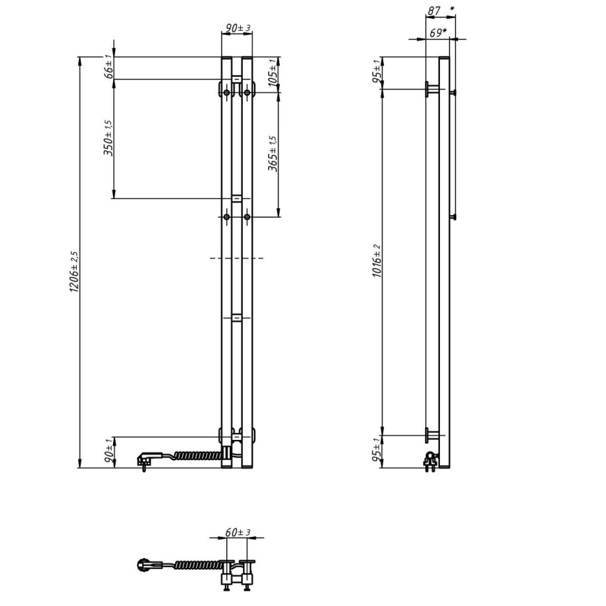 Elektrický sušiak na uteráky s termostatom SILOUETTE 187W/230V 120,6 cm IP44 biela pravá hranatý