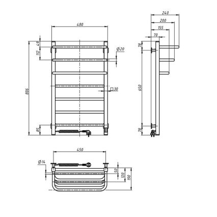 Elektrický sušiak na uteráky s termostatom FORTIS 155W 80x48 cm čierny pravý