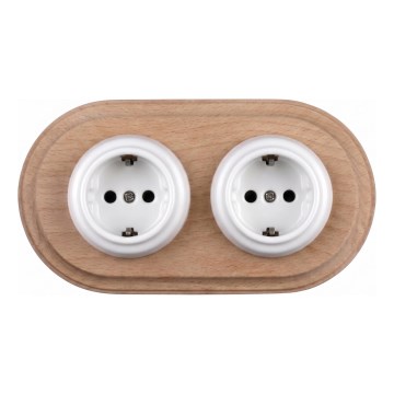 Elhard - Dvojitá keramická retro domová zásuvka s rámčekom SCHUKO 230V biela/svetlé drevo