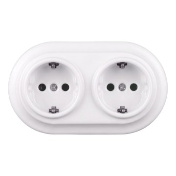 Elhard - Dvojitá keramická retro domová zásuvka s rámikom SCHUKO 230V biela