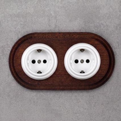 Elhard - Dvojitá keramická retro zásuvka do domácnosti s rámčekom SCHUKO 230V biela/tmavé drevo