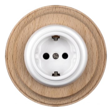 Elhard - Keramická retro domová zásuvka s rámčekom SCHUKO 230V biela/svetlé drevo