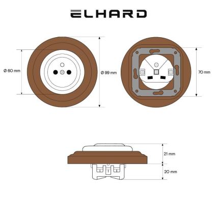 Elhard - Keramická retro domová zásuvka s rámikom 230V čierna/tmavé drevo