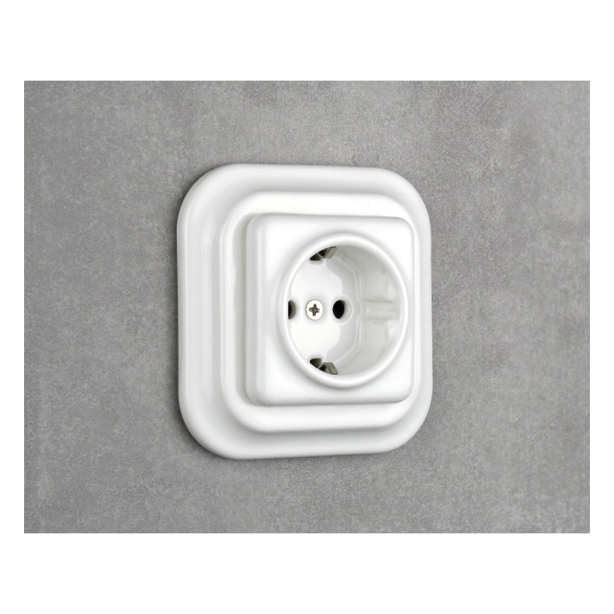 Elhard - Keramická retro domová zásuvka SCHUKO 230 V bez rámčeka, biela