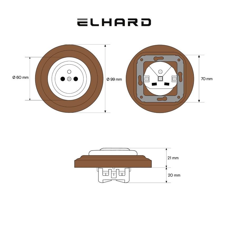 Elhard - Keramická retro zásuvka do domu s rámčekom 230V biela/tmavé drevo