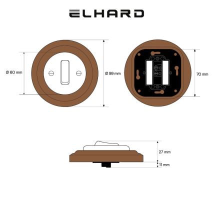 Elhard - Keramický retro jednoduchý vypínač s rámčekom č. 1 biela/tmavé drevo