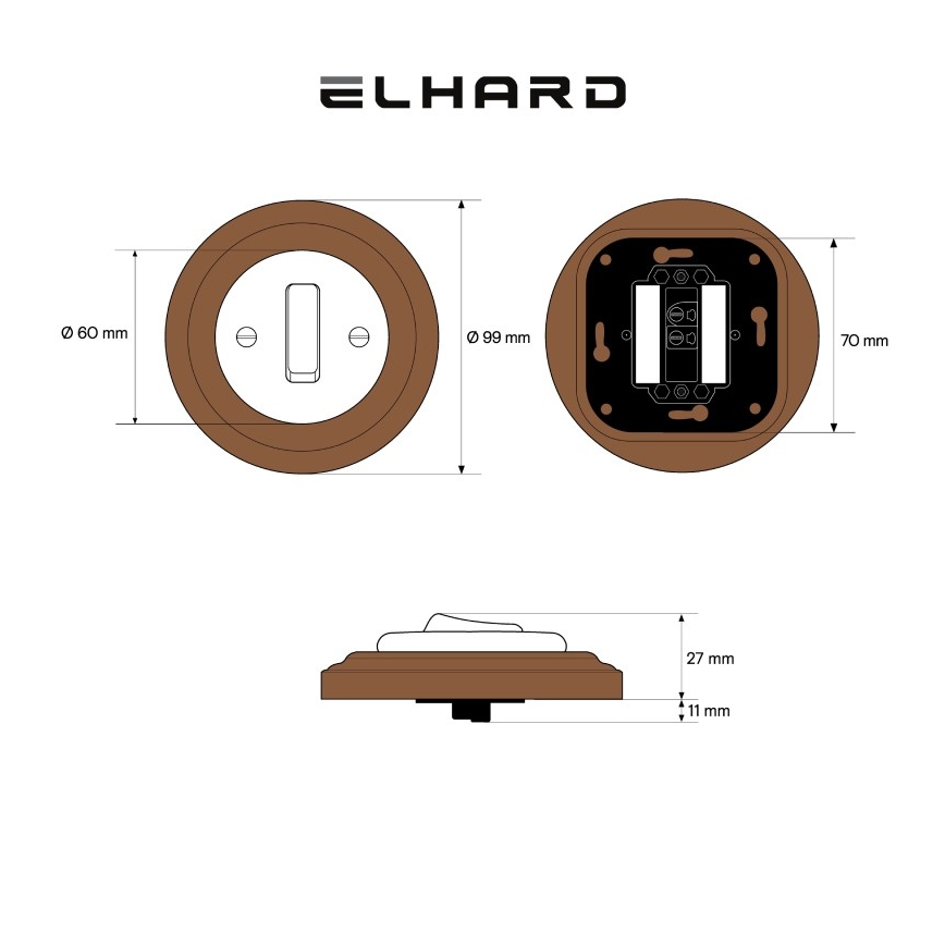 Elhard - Keramický retro jednoduchý vypínač s rámčekom č. 1 biela/tmavé drevo