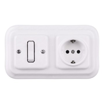 Elhard - Keramický retro jednopólový vypínač č. 1 a zásuvka SCHUKO 230V s rámčekom biela