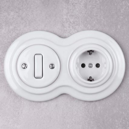 Elhard - Keramický retro vypínač č. 1 a zásuvka 230 V s rámikom SCHUKO biela