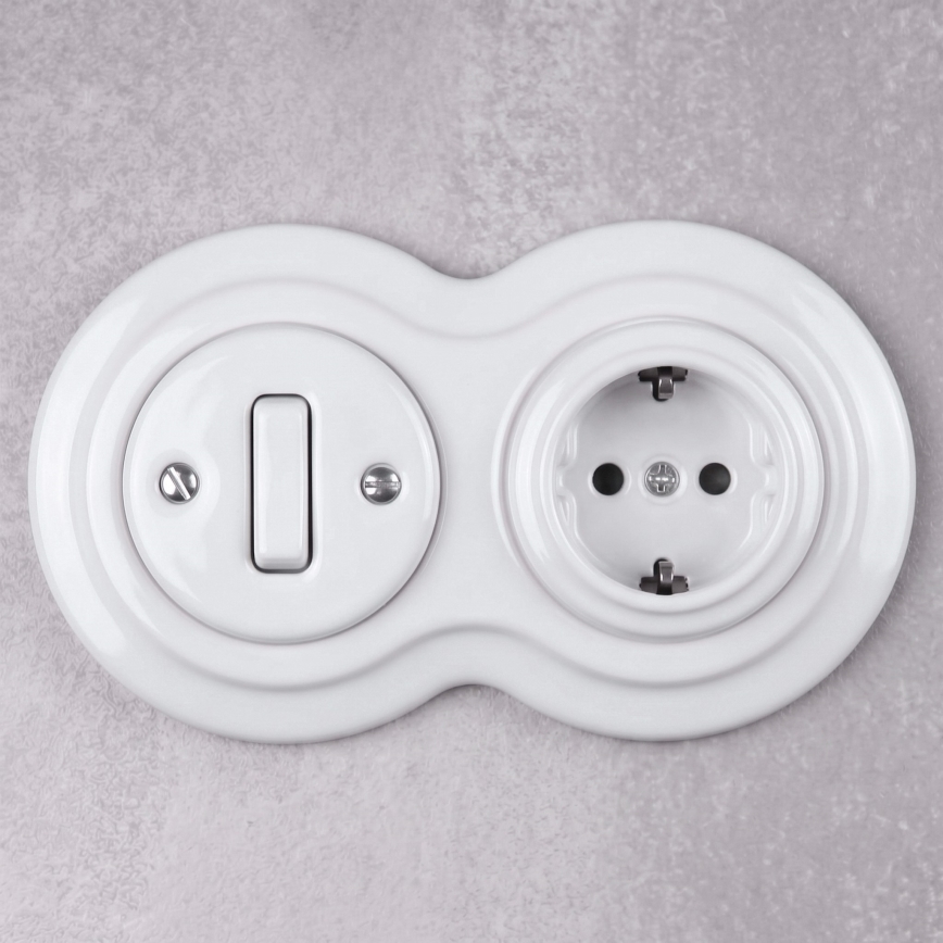 Elhard - Keramický retro vypínač č. 1 a zásuvka 230 V s rámikom SCHUKO biela