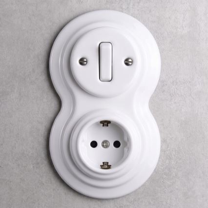 Elhard - Keramický retro vypínač č. 1 a zásuvka 230 V s rámikom SCHUKO biela