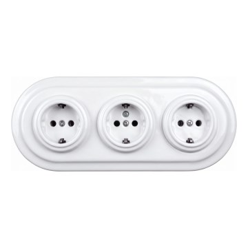 Elhard - Trojitá keramická retro domová zásuvka s rámčekom SCHUKO 230V biela