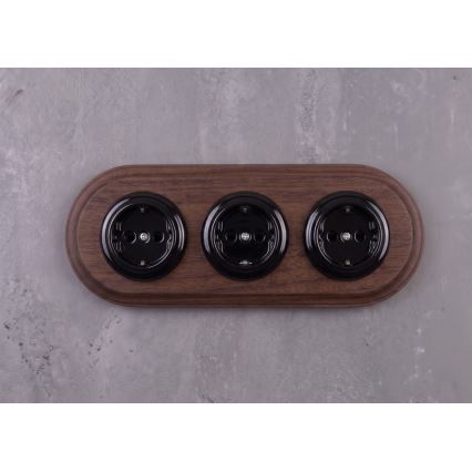 Elhard - Trojitá keramická retro zásuvka do domácnosti s rámikom SCHUKO 230V čierna/tmavé drevo