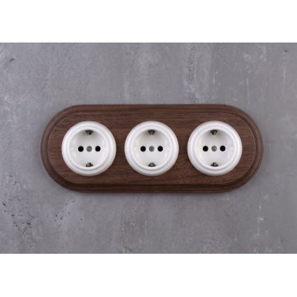 Elhard - Trojitá keramická retro zásuvka do domu s rámikom SCHUKO 230V biela/tmavé drevo