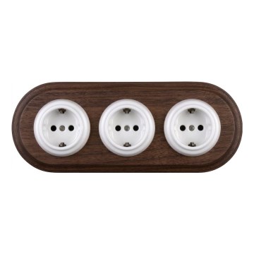 Elhard - Trojitá keramická retro zásuvka do domu s rámikom SCHUKO 230V biela/tmavé drevo