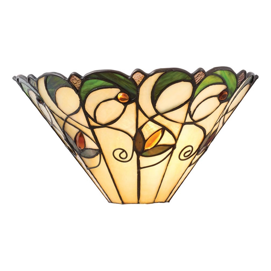 Svietidlo - je zobrazené na bielom pozadí. Má kužeľovitý tvar s vitrážovým tienidlom v béžovej, zelenej a hnedo-oranžovej farbe, zdobeným ozdobnými motívmi rastlinných tvarov.