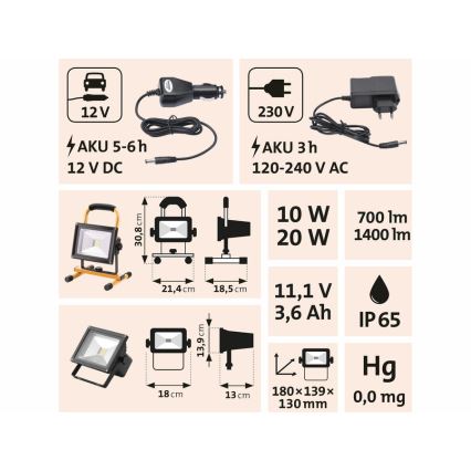 Extol - LED Nabíjací reflektor LED/20W/3600 mAh/11,1V IP65