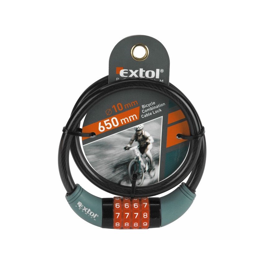 Extol Premium - Zámok na bicykel s lankom 10x650 mm a štvormiestnym kódom