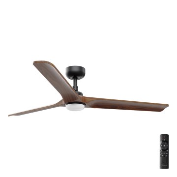 Drevený stropný ventilátor s tromi lopatkami sa otáča. Má čierny kovový stred a zabudované osvetlenie. Ventilátor je zobrazený na bielom pozadí.