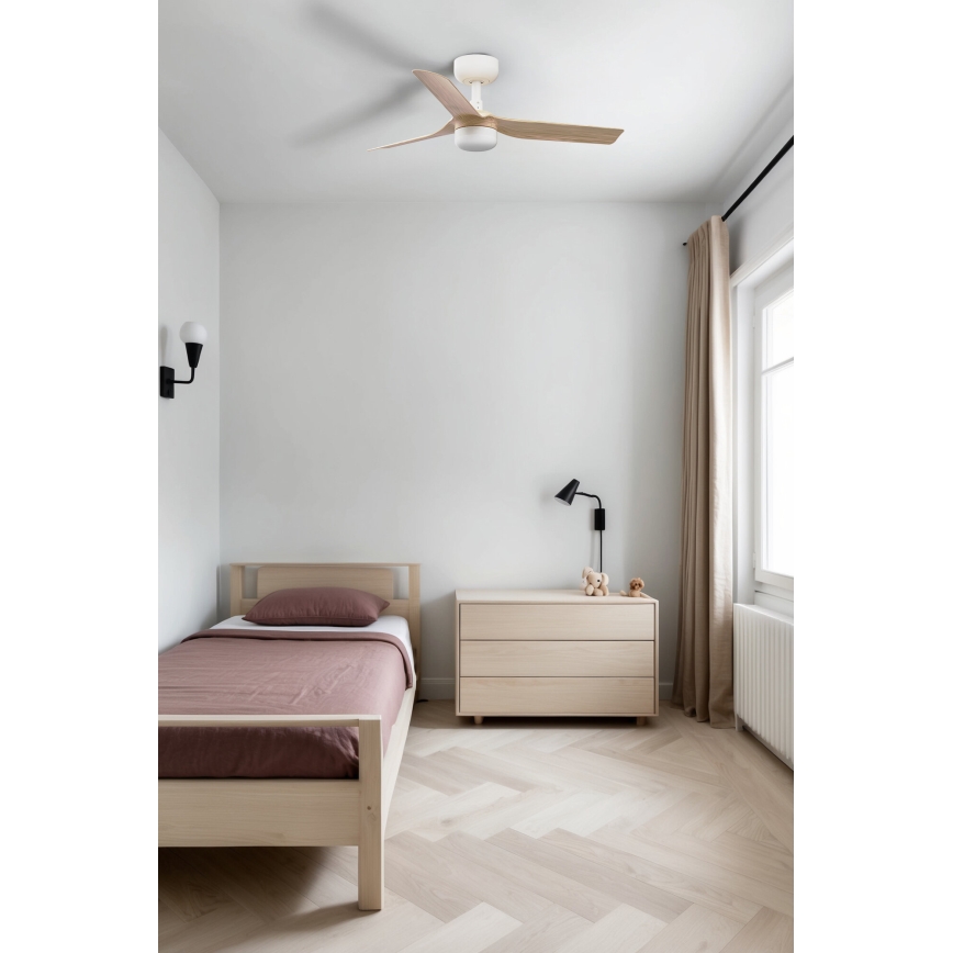 FARO 33821-1TW - LED stmievateľný stropný ventilátor MINI PUNT s LED/10W 2700/3000/4000K drevo/biela pr. 90 cm + diaľkové ovládanie