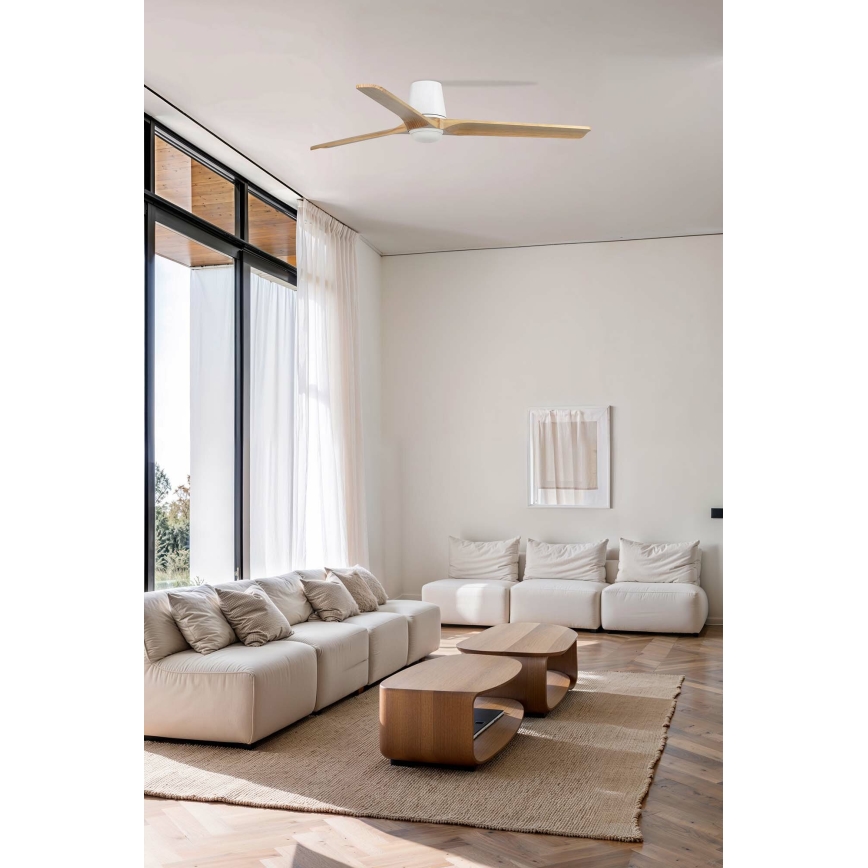 FARO 33838WT-1TW - LED stmievateľný stropný ventilátor HEYWOOD TUB L LED/10W/230V 2700/4000/6000K borovica/biela pr. 132 cm Wi-Fi Tuya + diaľkové ovládanie