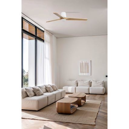 FARO 33838WT-1TW - LED stmievateľný stropný ventilátor HEYWOOD TUB L LED/10W/230V 2700/3000/4000K borovica/biela pr. 132 cm Wi-Fi Tuya + diaľkové ovládanie