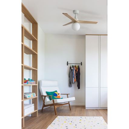 FARO 34281WT-11L - Stropný ventilátor KLIM S 1xE27/15W/230V drevo/biela pr. 92,5 cm Wi-Fi Tuya + diaľkové ovládanie