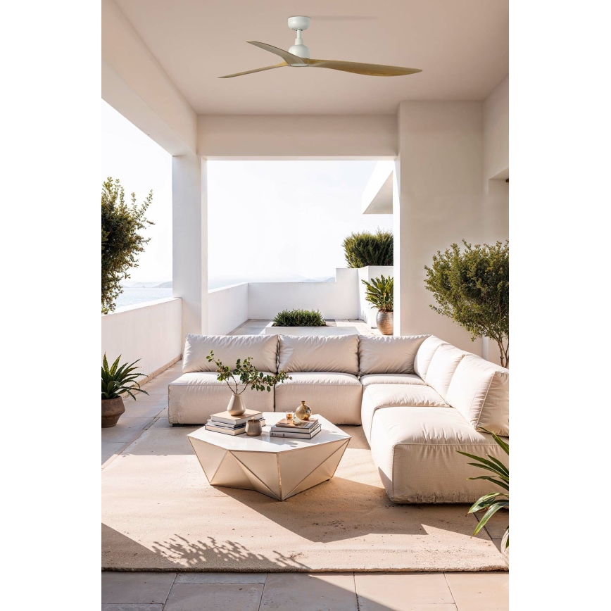 FARO 34361WT - Stropný ventilátor OUTWOOD L hnedá/biela priemer 150 cm Wi-Fi Tuya IP44 + diaľkové ovládanie