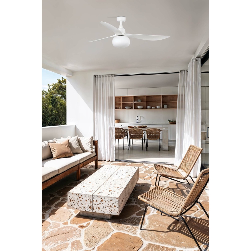 FARO 34363WT-11L - Stropný ventilátor OUTWOOD L 1xE27/15W/230V biela pr. 150 cm Wi-Fi Tuya IP44 + diaľkové ovládanie