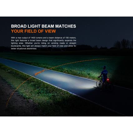 Fenix BC22R - stmievateľné LED nabíjateľné svietidlo na bicykel LED/USB 3400 mAh IP66 1400 lm 41 h čierna