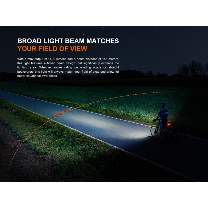 Fenix BC22R - stmievateľné LED nabíjateľné svietidlo na bicykel LED/USB 3400 mAh IP66 1400 lm 41 h čierna