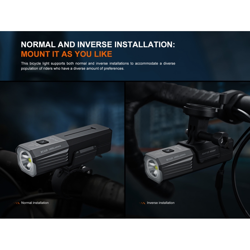 Fenix BC22R - stmievateľné LED nabíjateľné svietidlo na bicykel LED/USB 3400 mAh IP66 1400 lm 41 h čierna