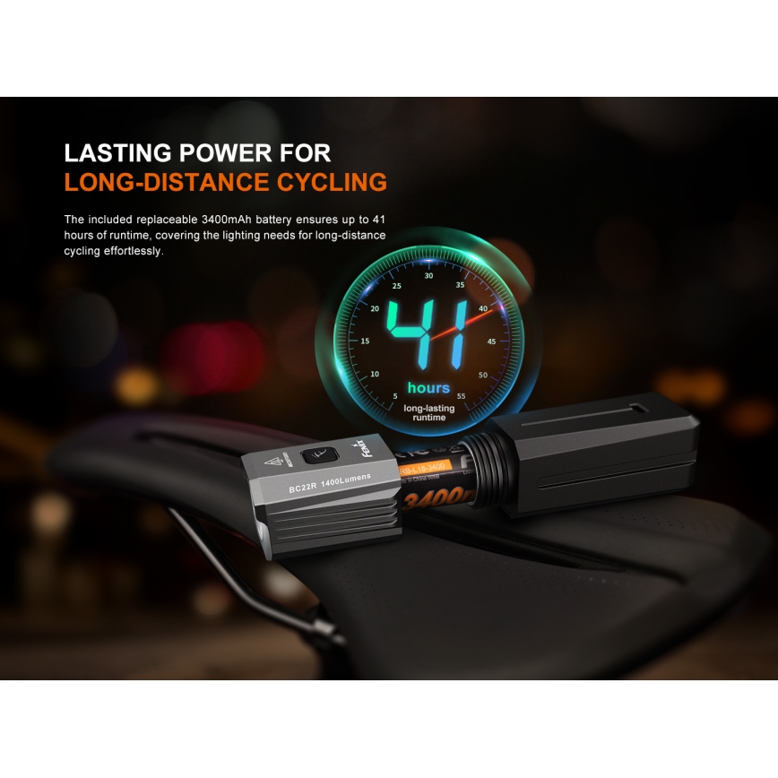 Fenix BC22R - stmievateľné LED nabíjateľné svietidlo na bicykel LED/USB 3400 mAh IP66 1400 lm 41 h čierna